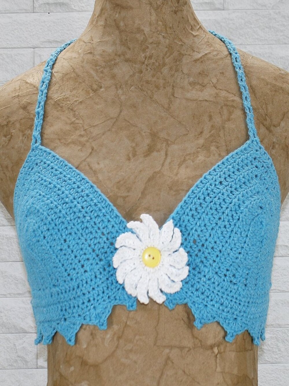 HAND CRAFTED Crop Top Halter Bikini Crochet Flower Power Spring Daisy Turquoise